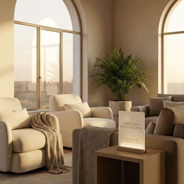 Elegant empty wellness lounge suggesting a quiet-hour offer to fill empty slots