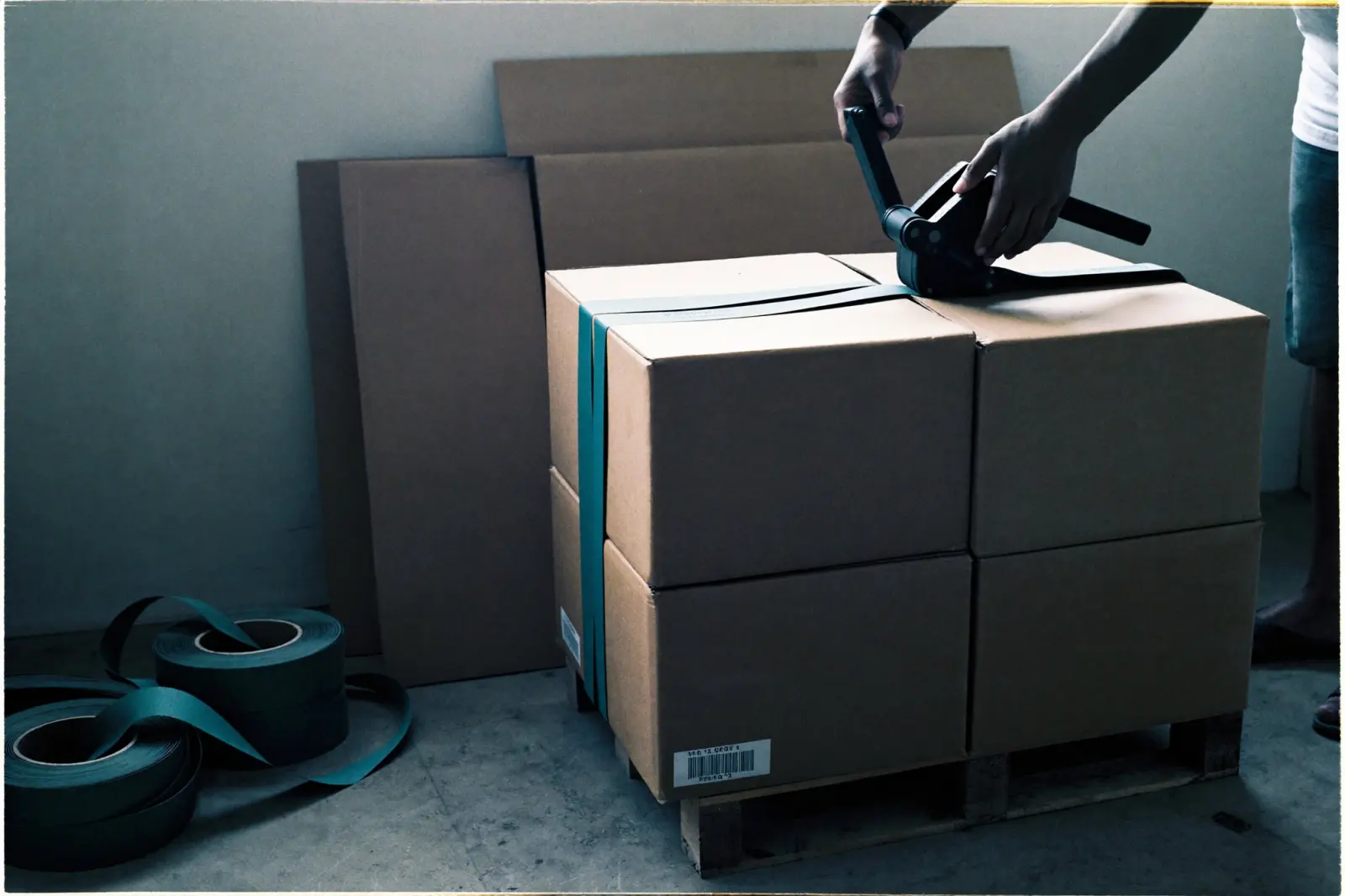 A person strapping a pallet of cardboard boxes with a hand strapping tool, with rolls of strapping on the floor